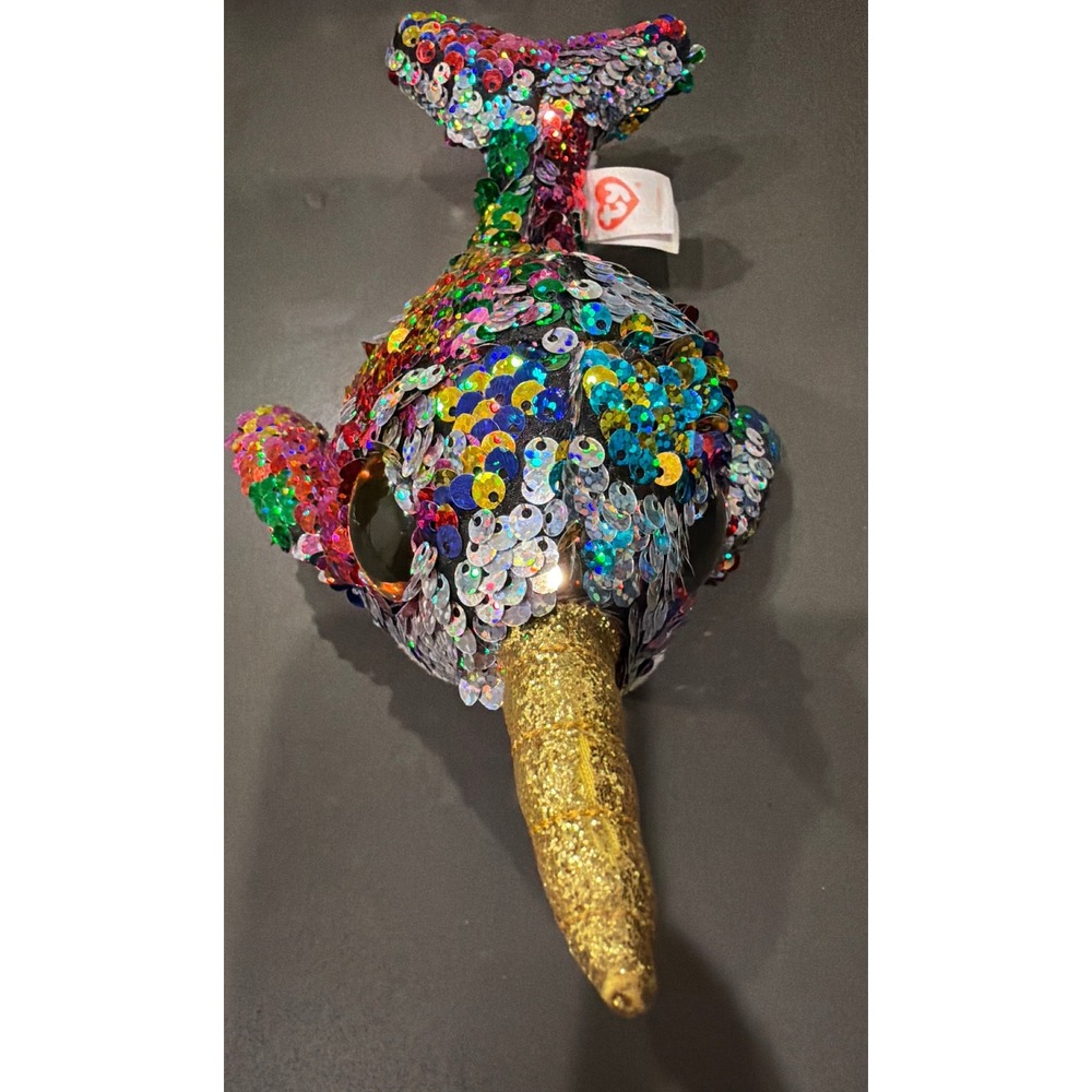 Ty Flippable Beanie Boos Calypso Narwhal Rainbow Reversible Sequin Gold Horn